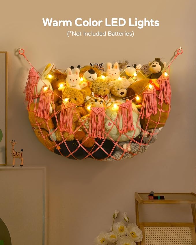 Macrame Stuffed Animal Hammock Toy Storage with Lights - Small Wall Net Toys Storage Stuff Animal Organizer Holder,Pink Room Decor for Teen Girls,Boho Nursery Bedoom Decor Aesthetic