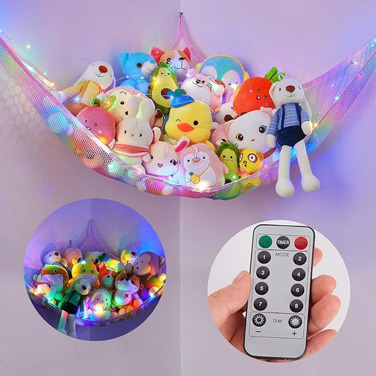 Basumee Stuffed Animals Net or Hammock with LED Light Hanging Toy Net Hammock for Stuffed Animals Storage Stuff Animals Hammocks for Nursery Room with Remote Control, 8 Kinds of Lights(Pack of 1)