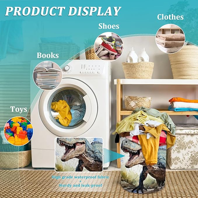 Dinosaur Laundry Basket, Foldable Waterproof Oxford Cloth Laundry Hamper Funny Tote Bag Dirty Clothes Storage Bucket Toy Organizer for Bathroom/Laundry/Bedroom 15.7"x19.6"