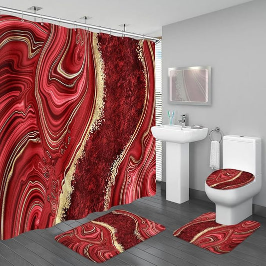 4PCS Red Marble Shower Curtain Sets with Rugs, Abstract Bathroom Sets with Shower Curtain and Rugs, Modern Bathroom Curtains Shower Set with Toilet Lid Cover Accessories for Bathroom Decor