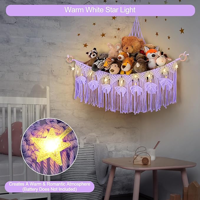 ANROYE Macrame Stuffed Animal Storage with Star Light, Bear Purple Hammock for Girls Room Decor, Corner Hanging Mesh Organizer Idea for Nursery, Plushies Toy Wall Hanging Display Holder Kid Gift