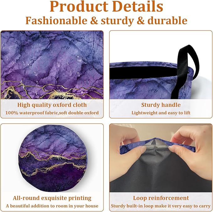 Purple Gold Marble Laundry Basket with Sturdy Handles, Collapsible Oxford Cloth Laundry Hamper Organizer Basket for Bathroom Bedroom 15.7x20 Inch