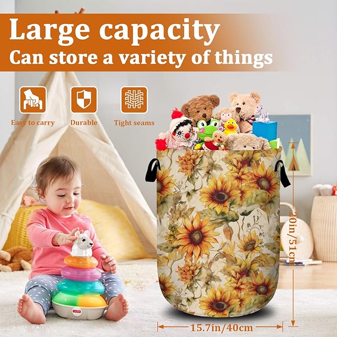 Watercolor Sunflower Laundry Basket with Sturdy Handles, Vintage Floral Collapsible Oxford Cloth Laundry Hamper Organizer Basket for Bathroom Bedroom 15.7x20 Inch