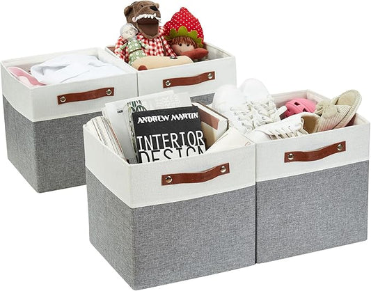 DECOMOMO Fabric Cube Storage Bins - Storage Baskets for Shelves, Cube Storage Organizer for Kallax and Cubbies (Grey & White, 13 inch Cube) - 4 Pack