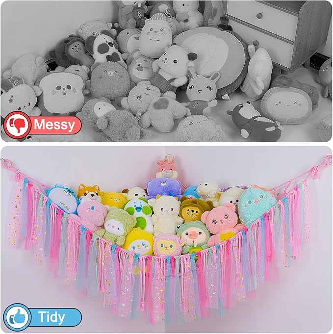 FIOBEE Stuffed Animals Net or Hammock with LED Light, Toy Hammock Hanging Stuffed Animals Storage Organizer Holder Room Décor for Nursery Kids Bedroom