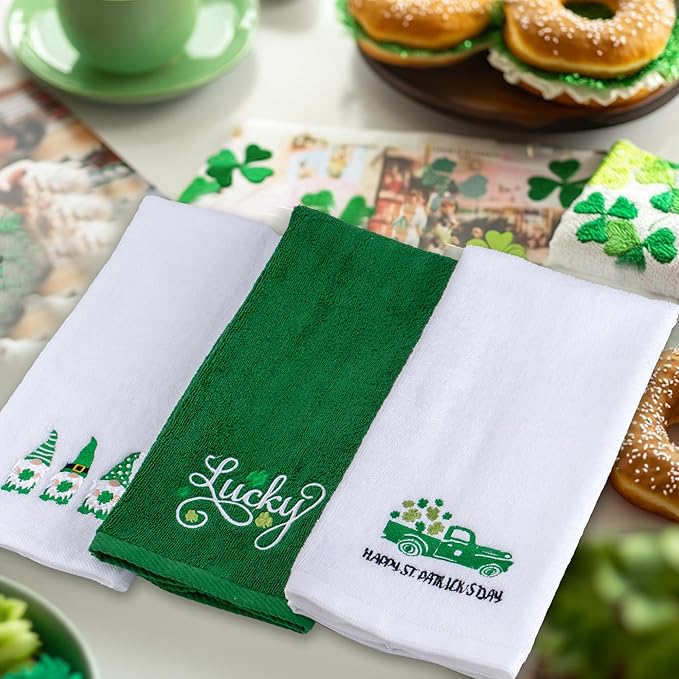 3 Pcs St. Patrick's Day Hand Towels Embroidered Decorative Lucky Shamrock 100% Cotton Bath Towel for Bathroom Home Kitchen Decor Housewarming Gifts 13.4" x 29.5"