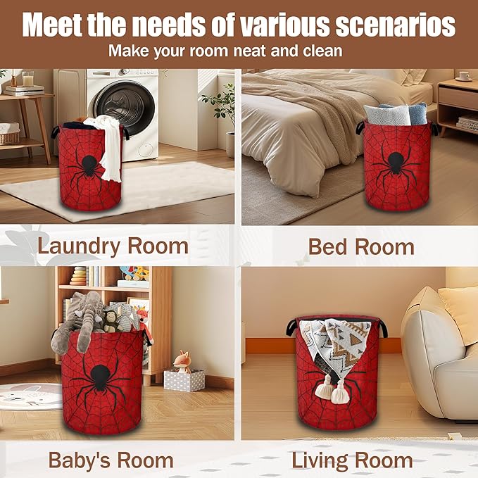 Red Spider Web Laundry Baskets,Laundry Hamper,Storage Basket with Handles for Bathroom Bedroom College Dormitory Living Room Nursery Organizer 16"x20.8"