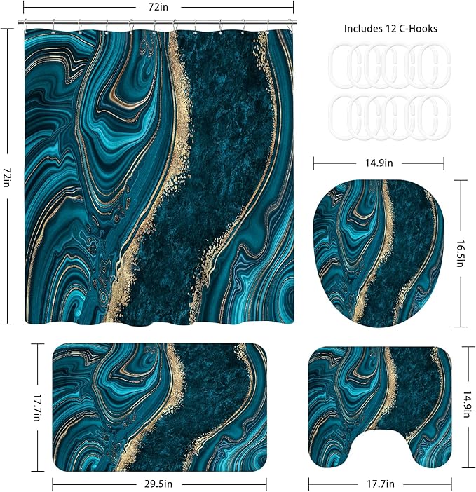4PCS Teal Blue Gold Marble Shower Curtain Sets with Rugs, Abstract Bathroom Sets with Shower Curtain and Rugs, Modern Bathroom Curtains Shower Set with Accessories for Bathroom Decor