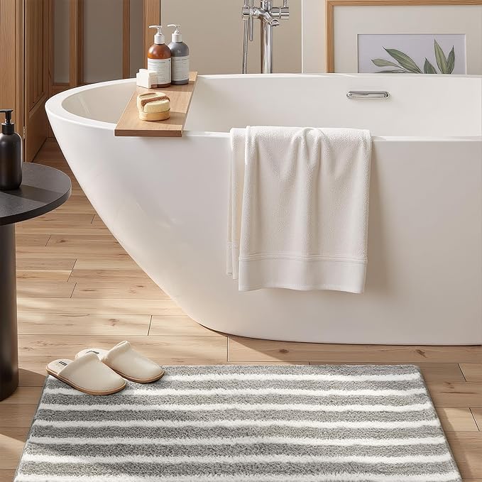GRANNY SAYS Striped Bathroom Rugs Non Slip, 20" x 32", Bath Rugs for Bathroom Washable, Bath Mats for Floor, Microfiber Bath Mat for Tub, Absorbent Bath Rugs for Shower Room, Grey
