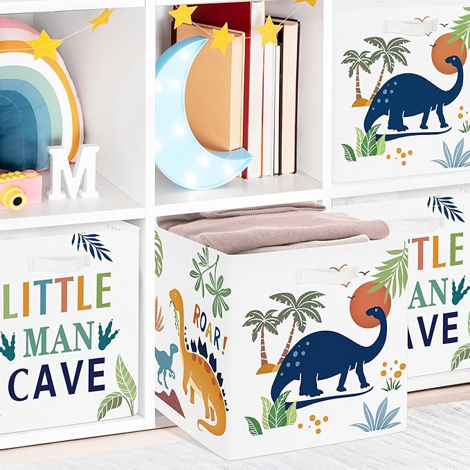 Clastyle 3 pcs Dinosaur Cube Storage Unit Boxes Volcano Kallax Box for Shelves Parents Storage Baskets for Book Clothes Toy Organizer, Palms, 11.8x11.8x11.8 in