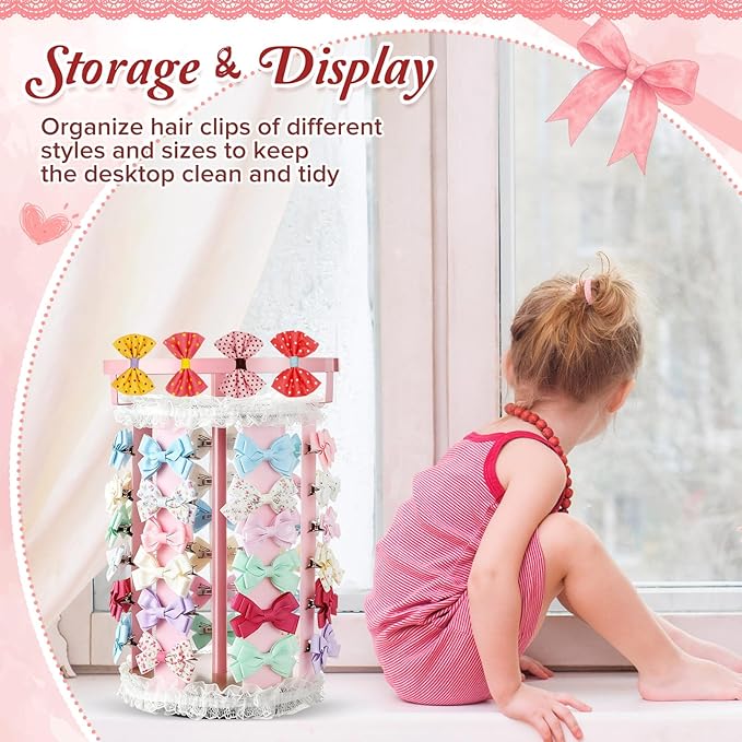 Remerry Pink Hair Bow Holder for Girls Gift Rotating Bow Organizer Stand with Headband Hanger Hair Clips Accessories Display Rack for Baby Nursery Toddler Room Decor