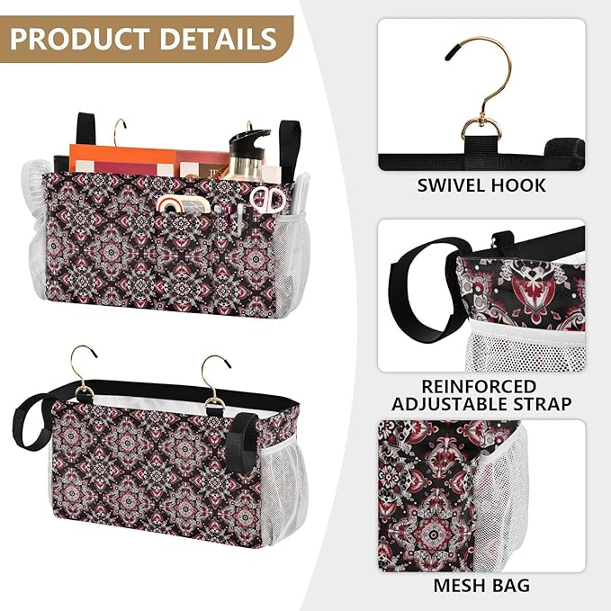 Paisley Cowboy Print Red Black Bedside Hanging Storage Basket Hanging Bag For Baby Bed for Glasses,Books,Mobile Phones,Keys