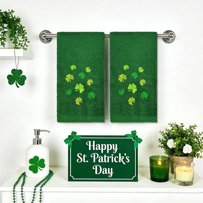 2Pcs Green St. Patrick's Day Hand Towels St Patricks Day Kitchen Towels Cotton Embroidered Irish Shamrock Bathroom Towel Clover for Holiday Spring Decoration