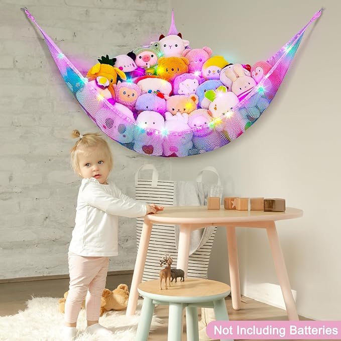 Unicorn Castle Stuffed Animals Net or Hammock Kids Toy Storage Organizer with LED Light Hanging Corner Stuffed Animals Holder Kids Girls Room Decor,Pink-Blue-Purple,Large (Pack of 1)