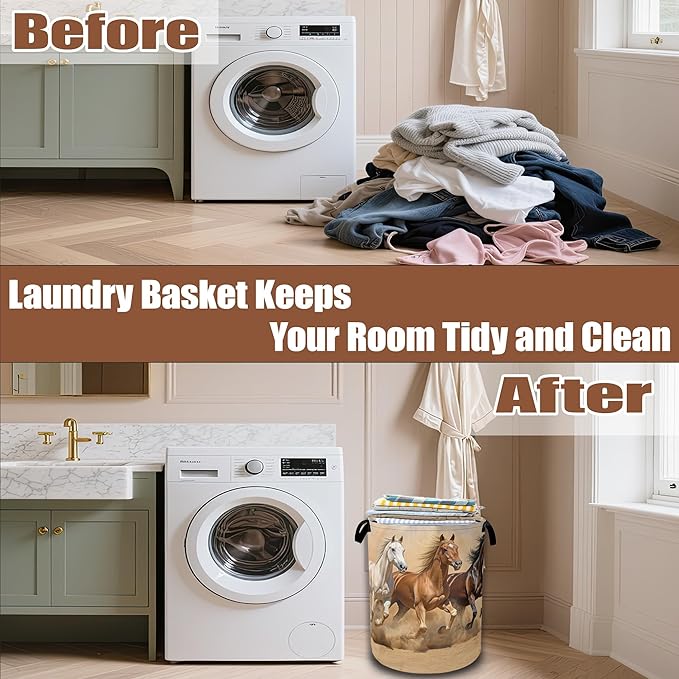 Horses Gallop Laundry Baskets,Laundry Hamper,Storage Basket with Handles for Bathroom Bedroom College Dormitory Living Room Nursery Organizer 16"x20.8"