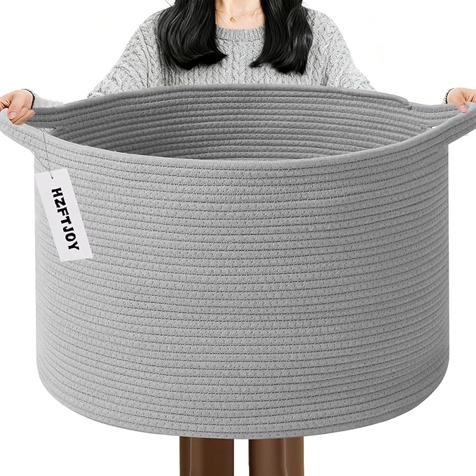 115L Large Blanket Basket,23.6" L x 23.6" W x 15.7" H Rope Woven Baskets with Handles, Toys Storage Bins,Laundry Basket Perfect for Living Room, Nursery,Bedroom,Home Organization,Light Gry