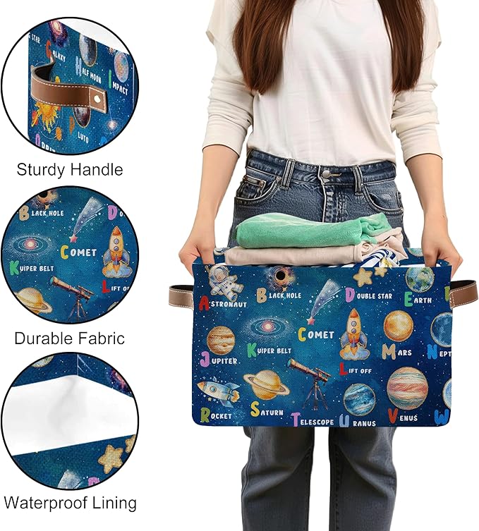 Space Planet Rectangle Storage Basket - Space Themed Collection Collapsible Storage Baskets with Handles - Astronaut Toy Bins - Cosmic Rocket Pattern Storages Bin for Kids Clothes, Gift, Book