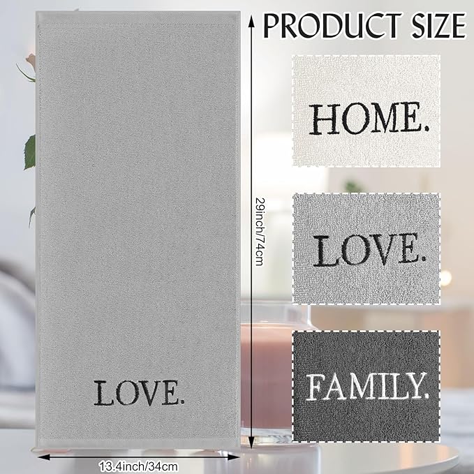 3 Pcs Farmhouse Decorative Hand Towels for Bathroom and Kitchen Rustic Embroidered 100% Cotton Hand Towels Decorative Set for Boho Bathroom Decor (Gray,Home Love Family)