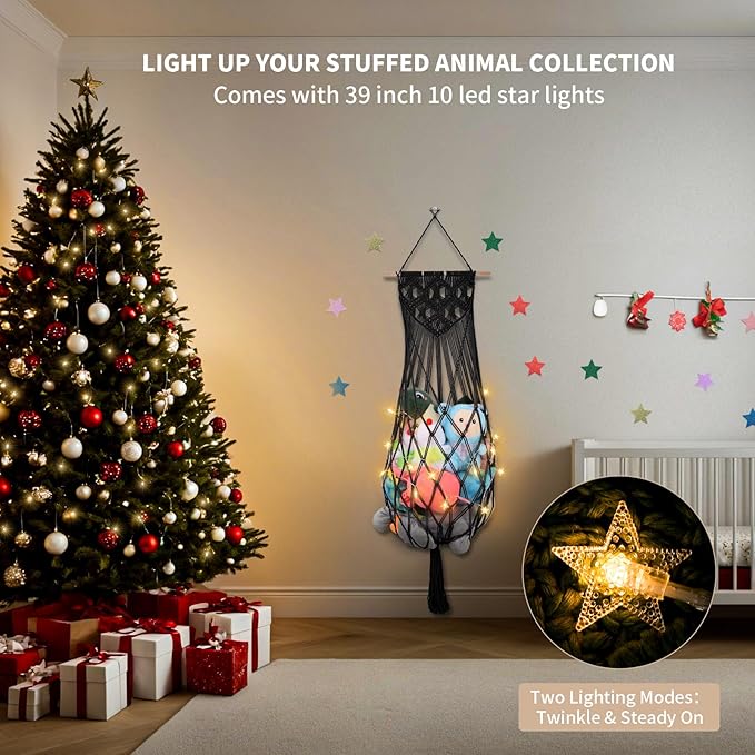 63'' Jumbo Stuffed Animal Storage Hammock Corner, Boho Macrame Stuffy Hammock for Wall Ceiling Over Door Hanging Toy Hammock, Black Plush Toy Net Holder w/ Star Lights for Kids Boys Girls Gift