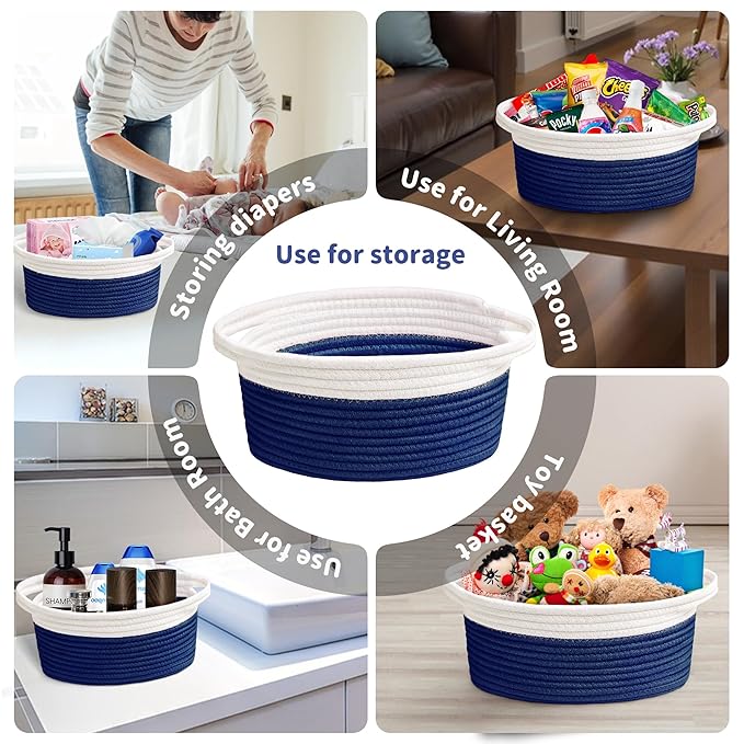 Small Woven Basket with Gift Bags and Ribbons Cute Baskets for Gifts Empty 12"x8"x5" Small Rope Toy Basket for Babies Baskets for Storage, White & Navy Blue