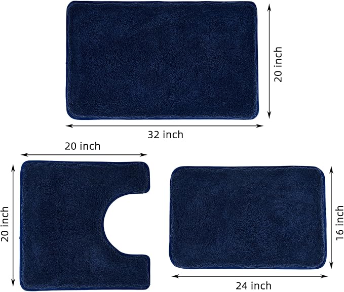 3 Pieces Luxury Bathroom Rug Set with U-Shaped Toilet Rug, Non-Slip Rubber Bottom, Thick Microfiber Fluffy Plush, Water absorption, Quick Dry, Ultra Soft, Bath Mats for Bathroom, Tub(Navy Blue)