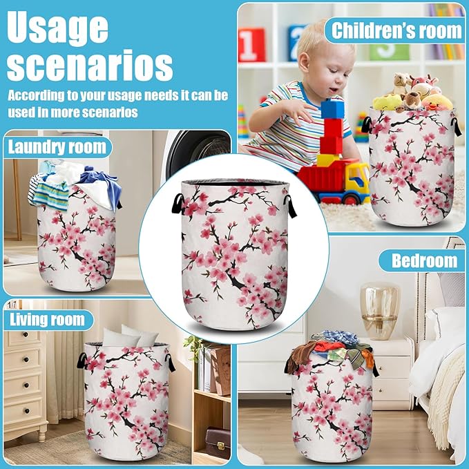 Japanese Cherry Blossom Tree Laundry Basket, Laundry Hamper Collapsible Oxford Cloth with Handle Clothes Toy Storage Bin for Bathroom Laundry Room Bedroom 15.7 X 20 Inch