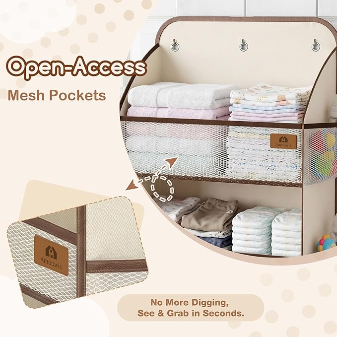 Over The Door Organizer with Large Capacity Diaper Storage & Mesh Window,for Baby Essentials & Nursery, 55lbs Hanging Storage for Closet, Bathroom, Bedroom, Dorm -12 Pockets