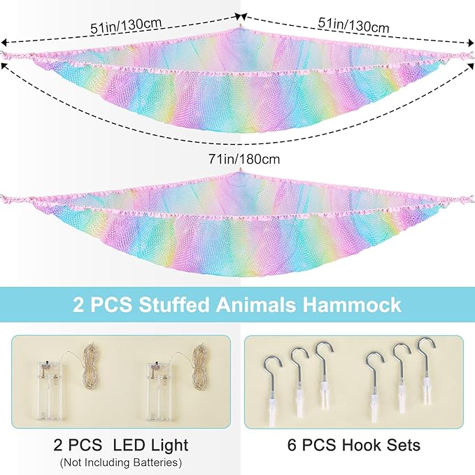 Unicorn Castle Stuffed Animals Net or Hammock Kids Toy Storage Organizer with LED Light Hanging Corner Stuffed Animals Holder Kids Girls Room Decor,Rainbow-A,Large (Pack of 2)