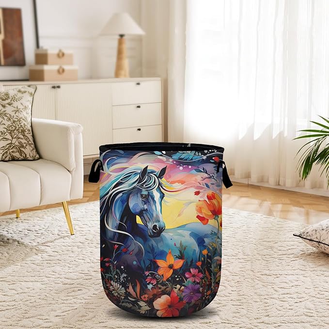 Colorful Horse Floral Laundry Basket, Laundry Hamper Collapsible Oxford Cloth with Handle Clothes Toy Storage Bin for Bathroom Laundry Room Bedroom 15.7 X 20 Inch