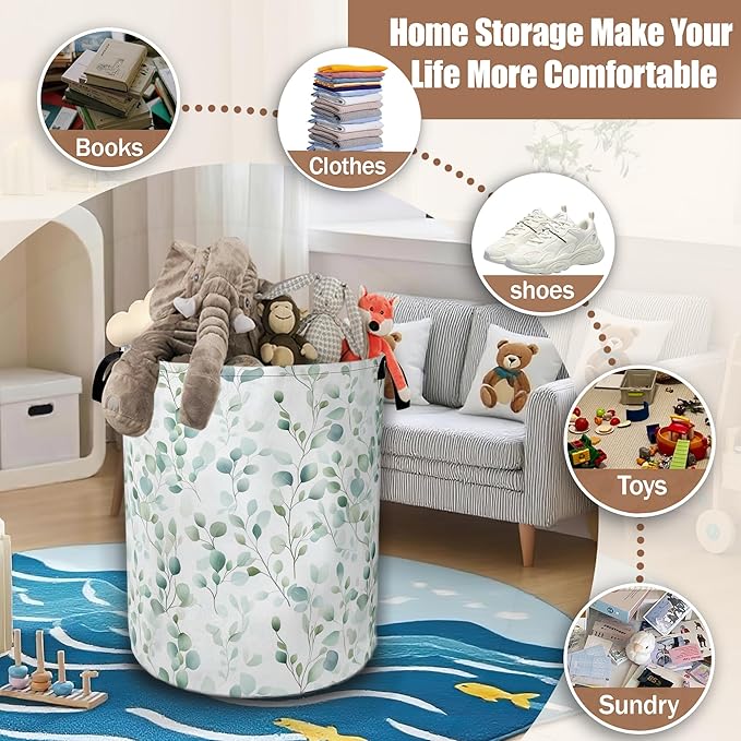 Green Floral Leaves Laundry Hamper,Tropical Plant Laundry Baskets,Waterproof Oxford Cloth Toy Storage for Bedroom,Bathroom,Nursery,16x20.8 Inch