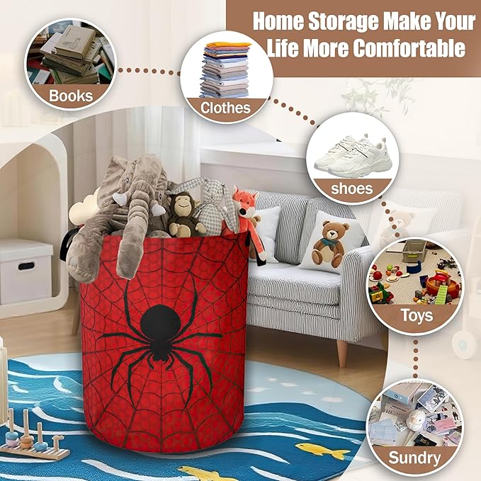 Red Spider Web Laundry Baskets,Laundry Hamper,Storage Basket with Handles for Bathroom Bedroom College Dormitory Living Room Nursery Organizer 16"x20.8"