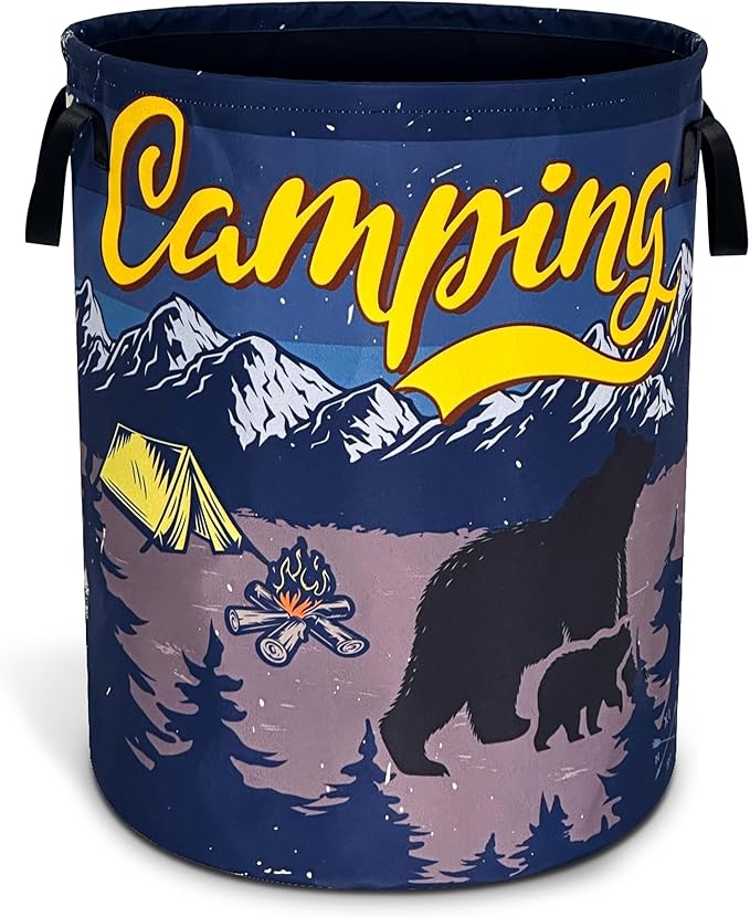Camping Laundry Basket Oxford Cloth Mountain Tents Bonfires Bear Laundry Hamper With Handle Foldable Portable Clothes Storage Basket 18.9 X 16.5 Inch Storage Bag For Laundry Room/Bathroom/Bedroom