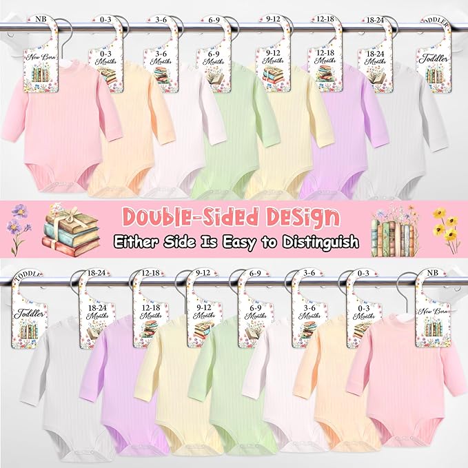 Baby Closet Dividers 8PCS, Storybook Themed Wooden Double-Sided Clothes Size Hanger/Organizer from Newborn to Toddler, Boho Wildflower Nursery Decor Baby Shower Birthday Party Gift