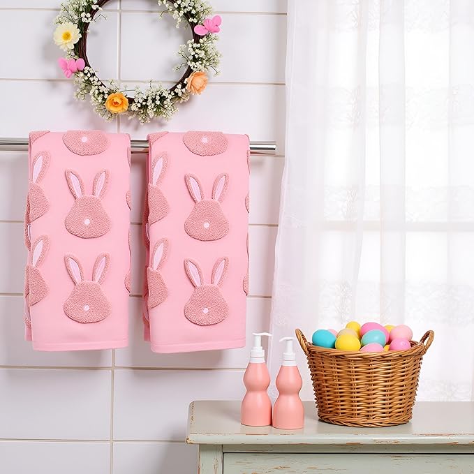 2pcs Easter Bunny Hand Towels Set 100% Cotton Soft Absorbent Spring Bathroom Hand Towels 14x29 Inch Cute Jacquard Easter Kitchen Decor Towels Holiday Kitchen Bathroom Decor Gift(Pink)