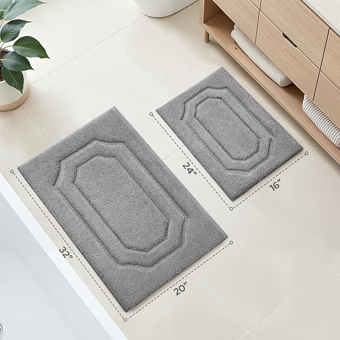 HOMEIDEAS Bathroom Rugs Sets 2 Piece, Extra Soft and Absorbent Microfiber Plush Bath Mat with Non Slip Backing(Grey)