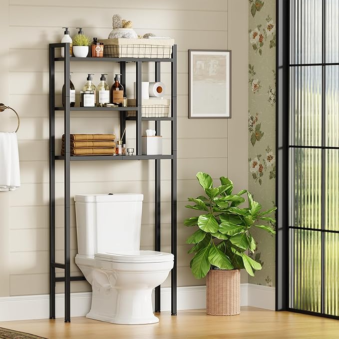 Over The Toilet Storage Rack, 3-Tier Bathroom Organizer Over Toilet, Wooden Above Toilet Storage Shelf, Space Saver, Freestanding Bathroom Storage Metal Shelf, Easy to Assemble, Black