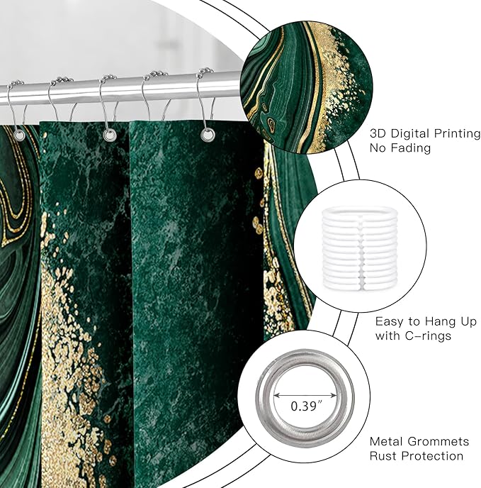 4PCS Emerald Green Marble Bathroom Set with Shower Curtain, Bath Mat, Toilet Lid Cover & U-Shaped Rug, Dark Green Shower Curtain Set for Bathroom
