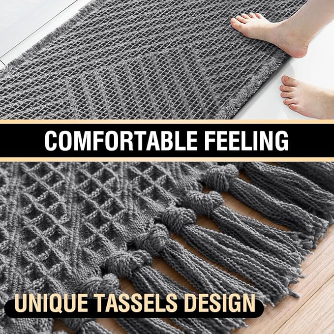 H.VERSAILTEX Waffle Bath Mat Super Absorbent Boho Bath Mat Non Slip Bath Rugs for Bathroom Floor Machine Washable Dry Fast Bathroom Rugs with Tassels (20 x 32 Plus 17 x 24 Inches, Gray)