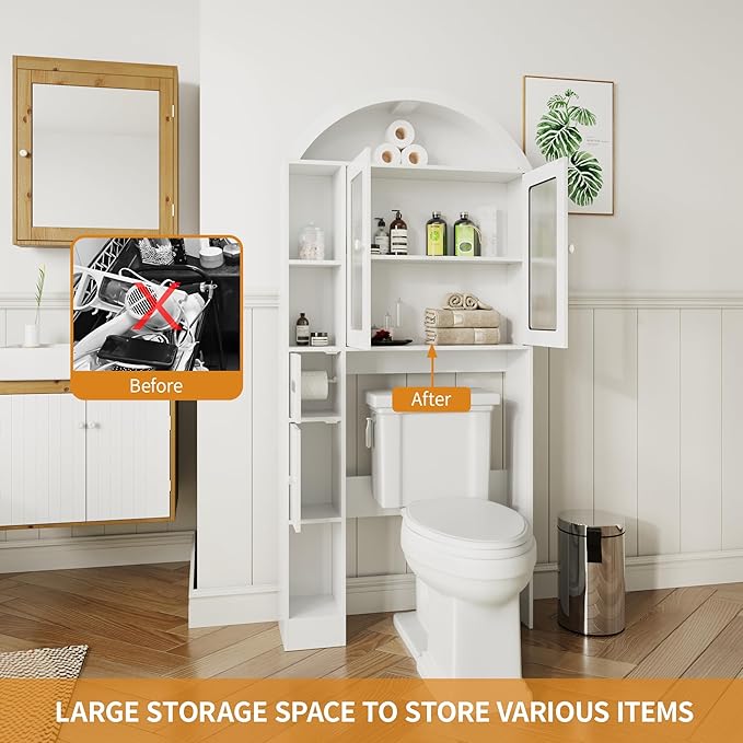 Over The Toilet Storage Cabinet, Bathroom Shelf Over Toilet, Bathroom Organizer and Storage Cabinet,Over Toilet Bathroom Organizer with 2 Doors, Paper Holder and Racks, Bathroom Decor (White-02)