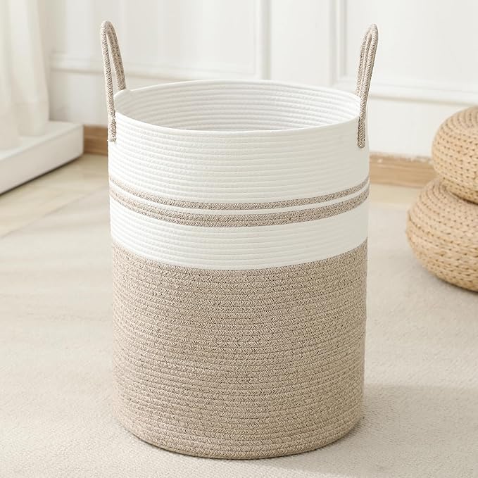 Woven Laundry Hamper Tall Rope Storage Basket for Blanket oys Dirty Clothes in Living Room Bathroom Bedroom (Brown&White, 100L/26.4Gal)