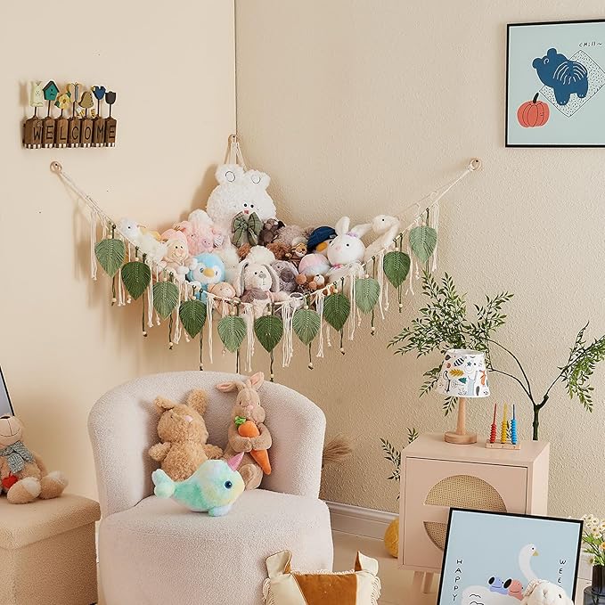 Pretty Jolly Macrame Stuffed Animal Hammock with Beads Hand Woven Leaf Tassels Corner Hanging Net Boho Plush Holder for Toys Kid Room Nursery Decor Organizer for Girls Gift(Sage Green&Avocado Green)