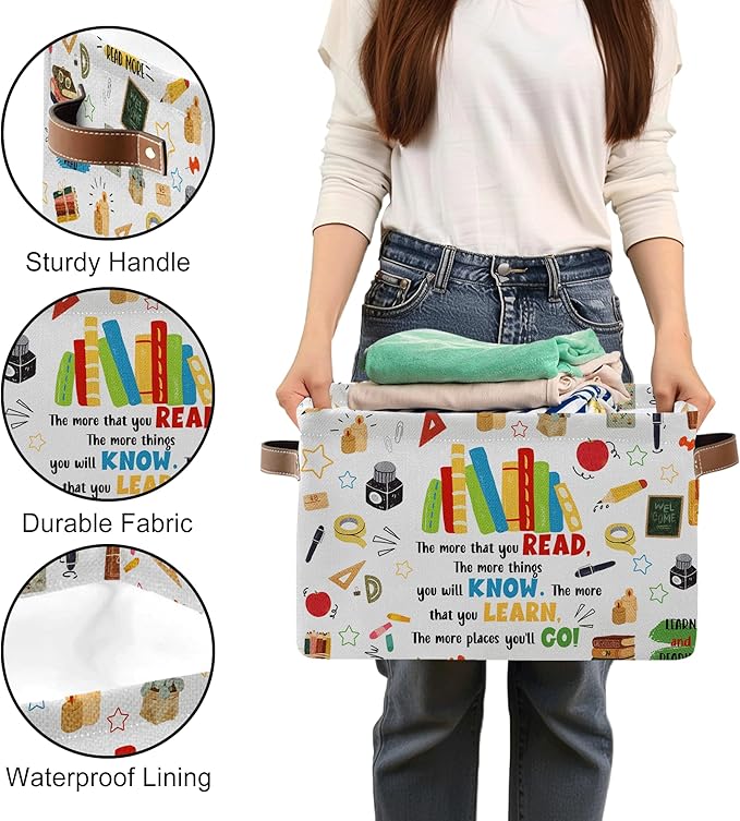 Reading Book Rectangle Storage Basket - Book Themed Collection Collapsible Storage Baskets with Handles - Reading Books Pattern Storages Bin for Kids Clothes, Gifts, Books,Toys