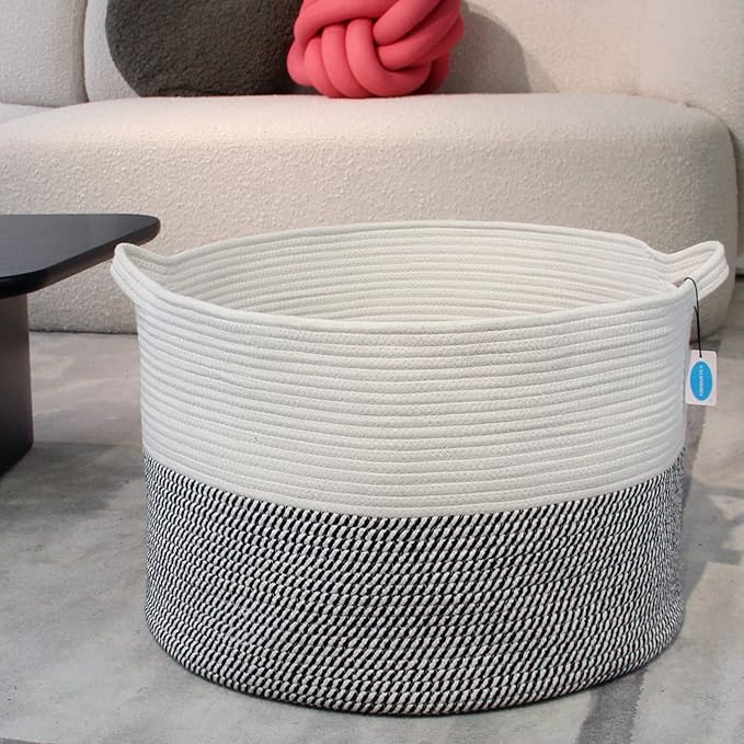 Casaphoria XXXLarge Cotton Rope Basket for Living Room - Woven Storage Basket with Handle for Blankets, Towels and Pillows Laundry Hamper | White & Grey (21.7" x 21.7" x 13.8")