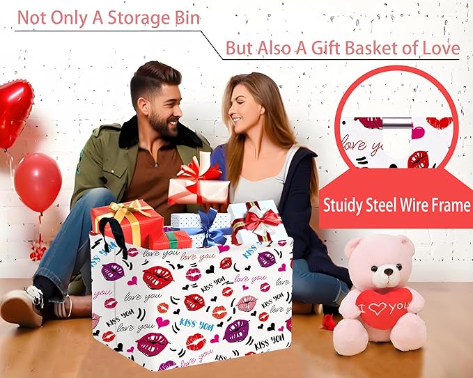 Large Valentine's Day Basket Heart Shaped Storage Bin for Gifts Collapsible Organizer Room Decor (Mouth Black Love)