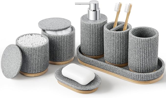 7PCS Bathroom Accessories Set, with Soap Dispenser, Q-tip Holder, Toothbrush Holder, Tumbler, Soap Dish, Vanity Tray, Bathroom Set Complete Organizer Countertop for Modern Decor, Grey