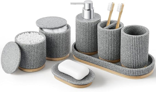 7PCS Bathroom Accessories Set, with Soap Dispenser, Q-tip Holder, Toothbrush Holder, Tumbler, Soap Dish, Vanity Tray, Bathroom Set Complete Organizer Countertop for Modern Decor, Grey