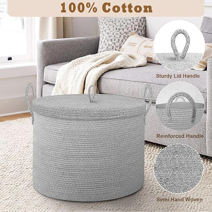 21" x 18" Extra Large storage baskets,Decorative blanket basket with lid for Living room,rope baskets with lid,wicker hamper for bedroom,Big,Round,Grey