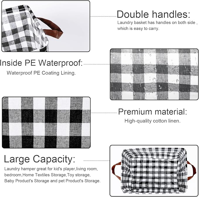 Boao 4 Pcs Buffalo Plaid Storage Baskets Black and White Bins Large Checkered Fabric Box with Handle Household Foldable Organizer Containers for Bathroom Bedroom(Simple Style)