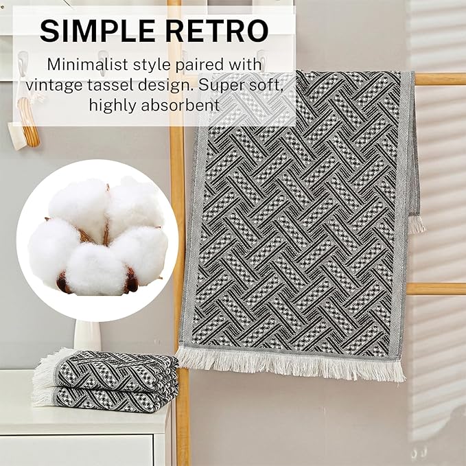 4-Pack Cotton Bathroom Hand Towels – Boho Hand Towel Set with Luxury Jacquard Weave & Fringe Decor, 13"x29"Absorbent Soft Face Set for Kitchen, Bathroom, Guest Tea Gift, Hotel, Farmhouse (Brown,White)