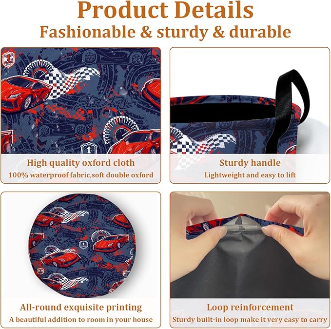 Red Racing Car Laundry Basket with Sturdy Handles, Speed Race Car Collapsible Oxford Cloth Laundry Hamper Organizer Basket for Bathroom Bedroom 15.7x20 Inch